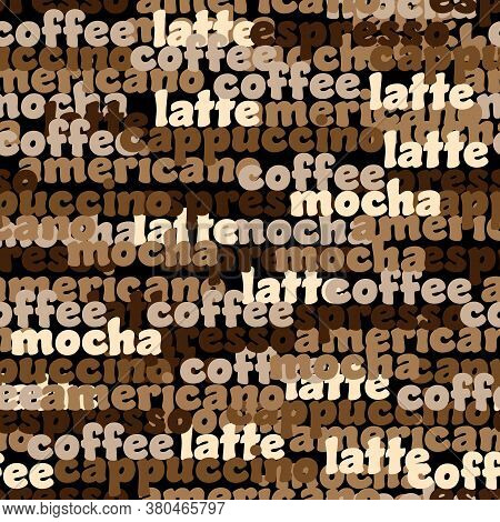 Typography. Vector Seamless Pattern Of Coffee Names.