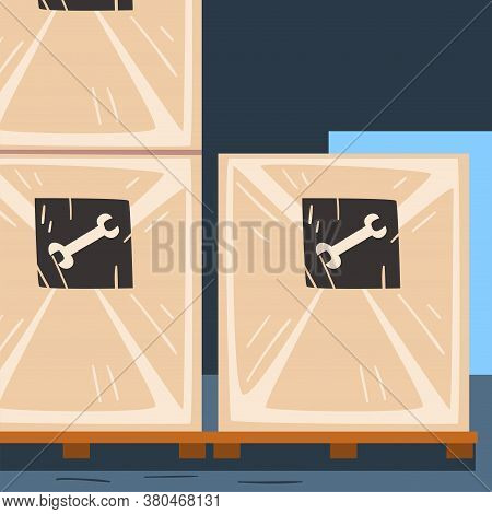 Wooden Boxes With Metal Products On Pallet, Warehouse Interior Vector Illustration