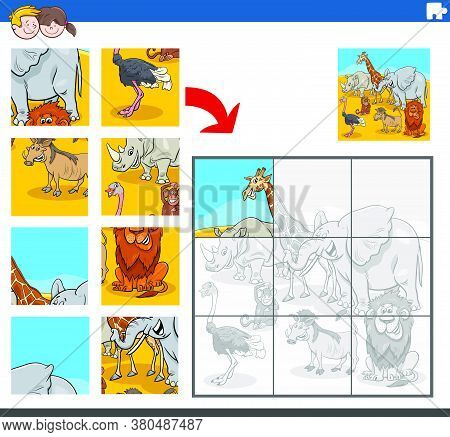 Cartoon Illustration Of Educational Jigsaw Puzzle Task For Children With Wild African Animal Charact