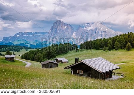 Alpe Di Siusi - Seiser Alm With Sassolungo - Langkofel Mountain Group In Background At Sunset. Yello