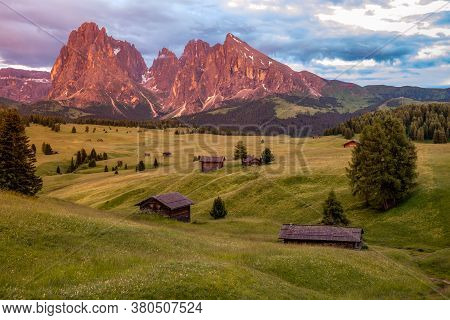 Alpe Di Siusi - Seiser Alm With Sassolungo - Langkofel Mountain Group In Background At Sunset. Yello