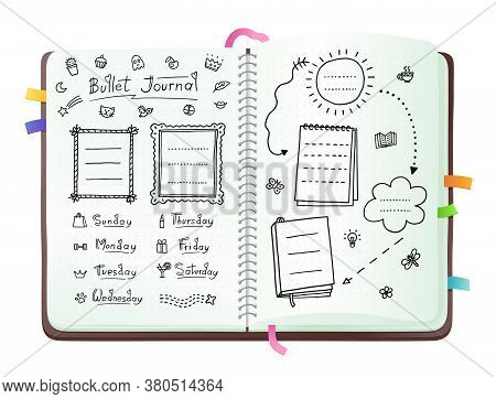 Bullet Journal Pages With Doodle Drawings And Week Layout