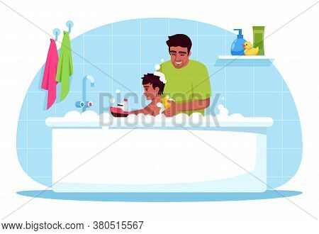 Father Washes Son Semi Flat Rgb Color Vector Illustration. Family Time. Daddy Give Baby Bubble Bath.