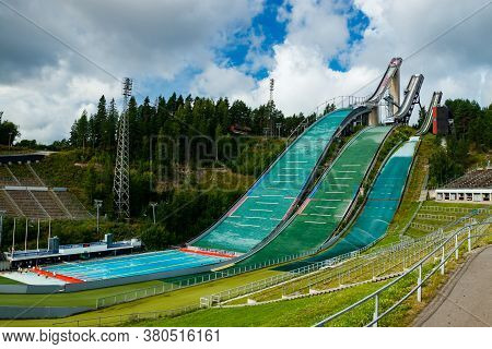 Lahti, Finland - 4 August 2020: Lahti Sports Centre With Three Ski Jump Towers