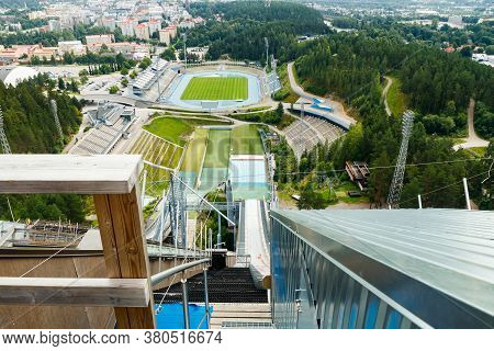 Lahti, Finland - 4 August 2020: View To Lahti City And Sports Centre From Ski Jump Tower Suurmaki