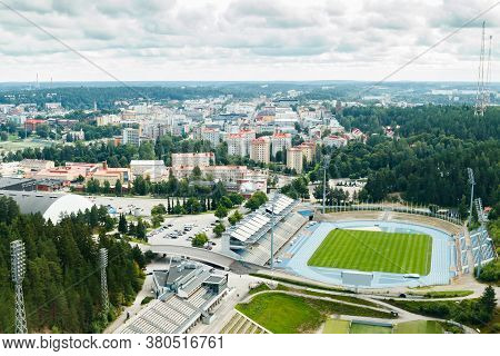 Lahti, Finland - 4 August 2020: View To Lahti City And Sports Centre From Ski Jump Tower Suurmaki
