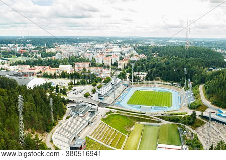Lahti, Finland - 4 August 2020: View To Lahti City And Sports Centre From Ski Jump Tower Suurmaki
