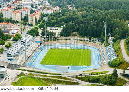 Lahti, Finland - 4 August 2020: View To Lahti City And Sports Centre From Ski Jump Tower Suurmaki