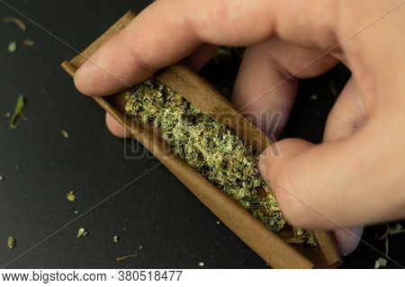 Man Rolling Cananbis Blunt Or Joint Close-up Top View.