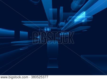 Cyber Blue Isometric Neon City Virtual Reality Background. Abstract Technology Innovation Future Dig