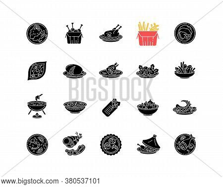 Best National Dish Black Glyph Icons Set On White Space. Traditional Meal For Tourist Attraction. Lu