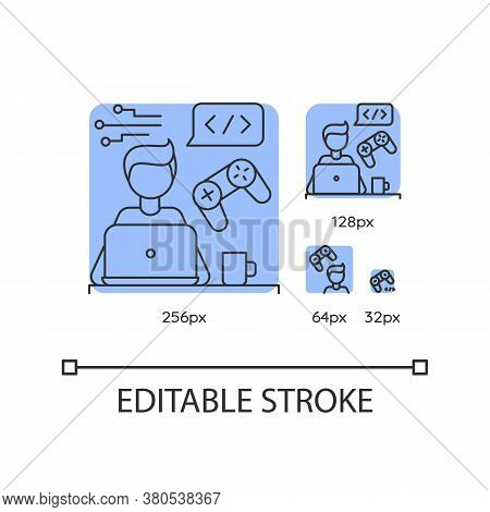 Game Developer Blue Linear Icons Set. Freelancer, Remote Game Software Programmer. Thin Line Customi