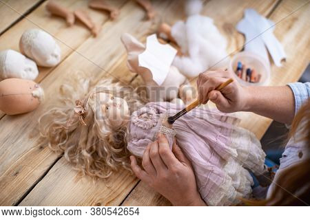 Workflow, Masters Of Making Handmade Dolls, Made By Hand From Textiles, In Retro Style. Designer Dol