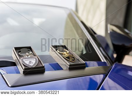 11-02-2018 Baku / Azerbaijan: Lamborghini Keychain On The Blue Lambo Car