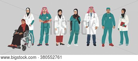 Medical Characters Portraits. Middle Eastern Medics. Arab Doctors And Nurses Portraits, Team Of Doct