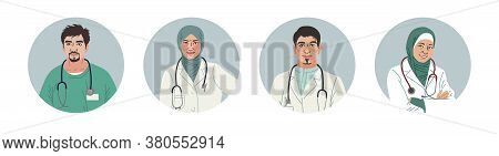 Medical Characters Portraits. Middle Eastern Medics. Arab Doctors And Nurses Portraits, Team Of Doct