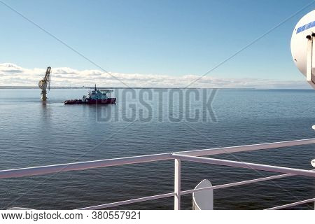 Arctic Navigation In The Summer. Service Ships At Sea.