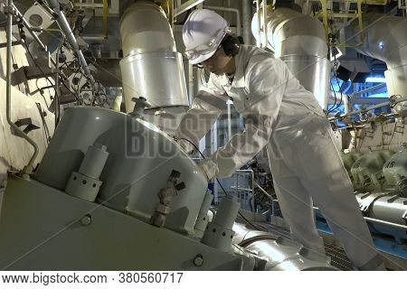 Murmansk, Russia - June 24, 2019: The Engine Compartment Of The Ship. Engine And Steering Equipment.