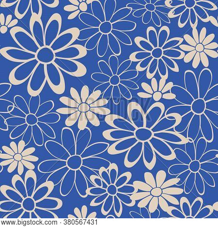 Blue Background With Beige Floral Chamomile Seamless Pattern