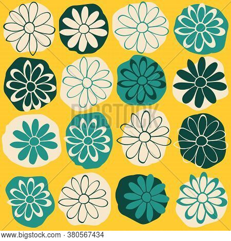 Blue Background With Beige Floral Chamomile Seamless Pattern