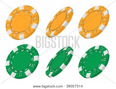 3D rendu jaune et vert Casino Chips sous des Angles différents