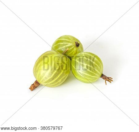 Group Of Three Ripe Green Gooseberry Berry. Green Gooseberry Isolated On White Background