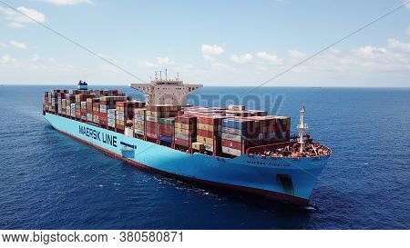 Mediterranean Sea - June 25, 2020: Maersk Hidalgo Mega Container Ship. Ulcv Fully Loaded With Freigh
