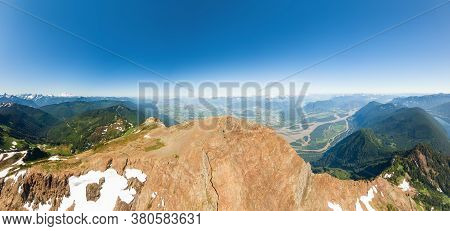 Aerial Panoramic View Of Cheam Mountain During A Sunny Summer Morning. Taken Near Chilliwack, East O
