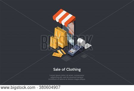 Fashion Industry, Sale Of Clothes Concept. The Mannequin Standing In The Shop Window. Store Bags, Cr