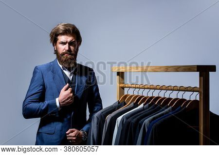 Tailor, Tailoring. Stylish Mens Suit. Man Suit, Tailor In His Workshop. Handsome Bearded Fashion Man
