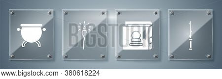 Set Magic Wand, Ancient Magic Book, Magic Staff And Witch Cauldron. Square Glass Panels. Vector