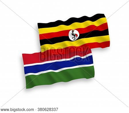 National Fabric Wave Flags Of Republic Of Gambia And Uganda Isolated On White Background. 1 To 2 Pro