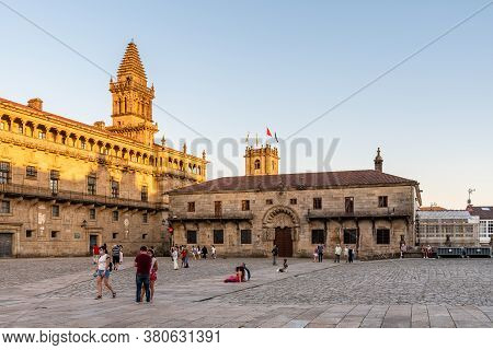 Santiago De Compostela, Spain - July 18, 2020: View Square Of Obradoiro At Sunset