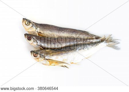 Isolated Close Up Top View Three Dried Salted Chehon Fish On A White Background