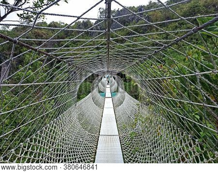 Suspended Hanging Bridge Made From Ropes In Rizal, Philippines