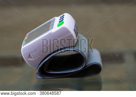 Close Up, Detail Of Blood Pressure Cuff Monitor Isolated. Digital Blood Pressure Measuring Device. B
