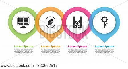 Set Solar Energy Panel, Shield With Leaf, Plastic Bag With Recycle And Leaf Plant In Gear Machine. B
