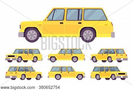 Station Wagon, Estate Car Yellow Set. Large Family Auto, Urban And Country Comfortable Transportatio