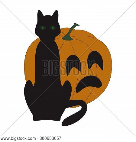 Halloween Vector Illustration Black Cat Silhouette And Pumpkin On A White Background. Green Eyes.