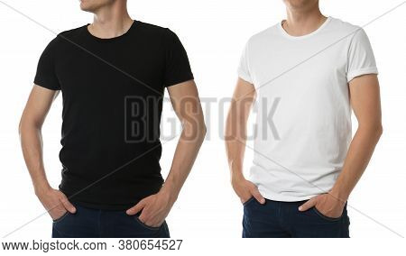 Men In T-shits On White Background, Closeup. Mockup For Design