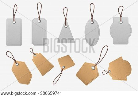 Paper Price Tags. Realistic Blank Cardboard Labels With Ropes, Vintage White And Brown Shopping Labe