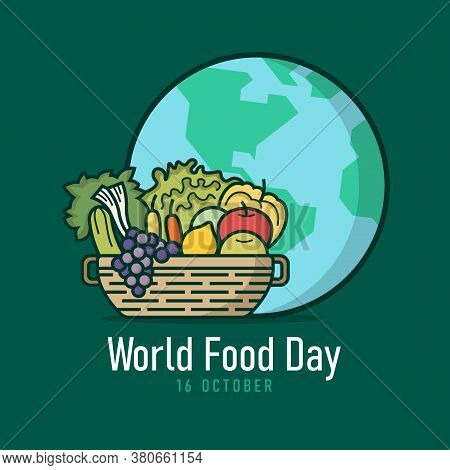 World Food Day Banner - Basket With Vegetables , Fruits And The Globe Filled Style Sign On Green Bac