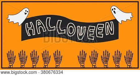 Vector Horizontal Illustration Halloween Design On A Orange Background. Ghosts Are Holding Halloween
