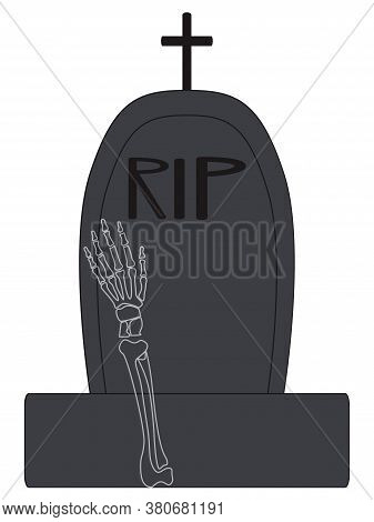 Vector Illustration For Halloween Design. Skeleton Get Up From The Grave. Isolated On A White Backgr