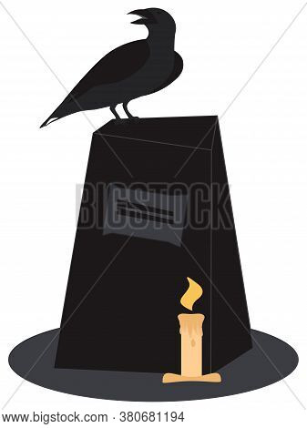 Raven Is Sitting On The Tombstone. Vector Illustration For Halloween Design. Isolated On A White Bac