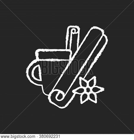 Cinnamon Chalk White Icon On Black Background. Aromatic Condiment For Dishes. Flavoring Additive. Ki