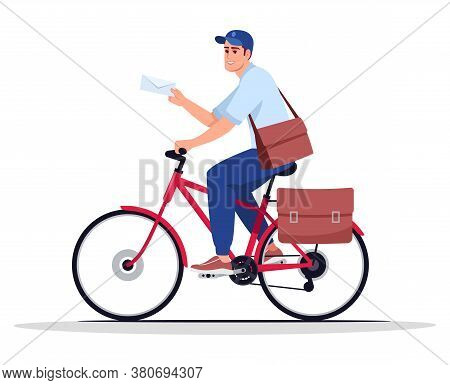 Postman On Bike Semi Flat Rgb Color Vector Illustration. Mailman With Envelope. Postal Carrier. Post