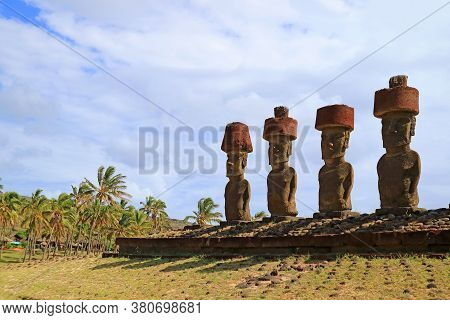Remains Of Huge Moai Statues Of Ahu Nau Nau Archaeological Site On The Anakena Beach, Easter Island 