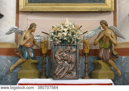 ROZGA, CROATIA - SEPTEMBER 15, 2012: Tabernacle on the main altar in Sveta Anne Church in Rozga, Croatia