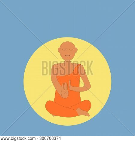 A Young Buddha Monk Meditating Happily In Peace With A Yellow Circle And Blue Background